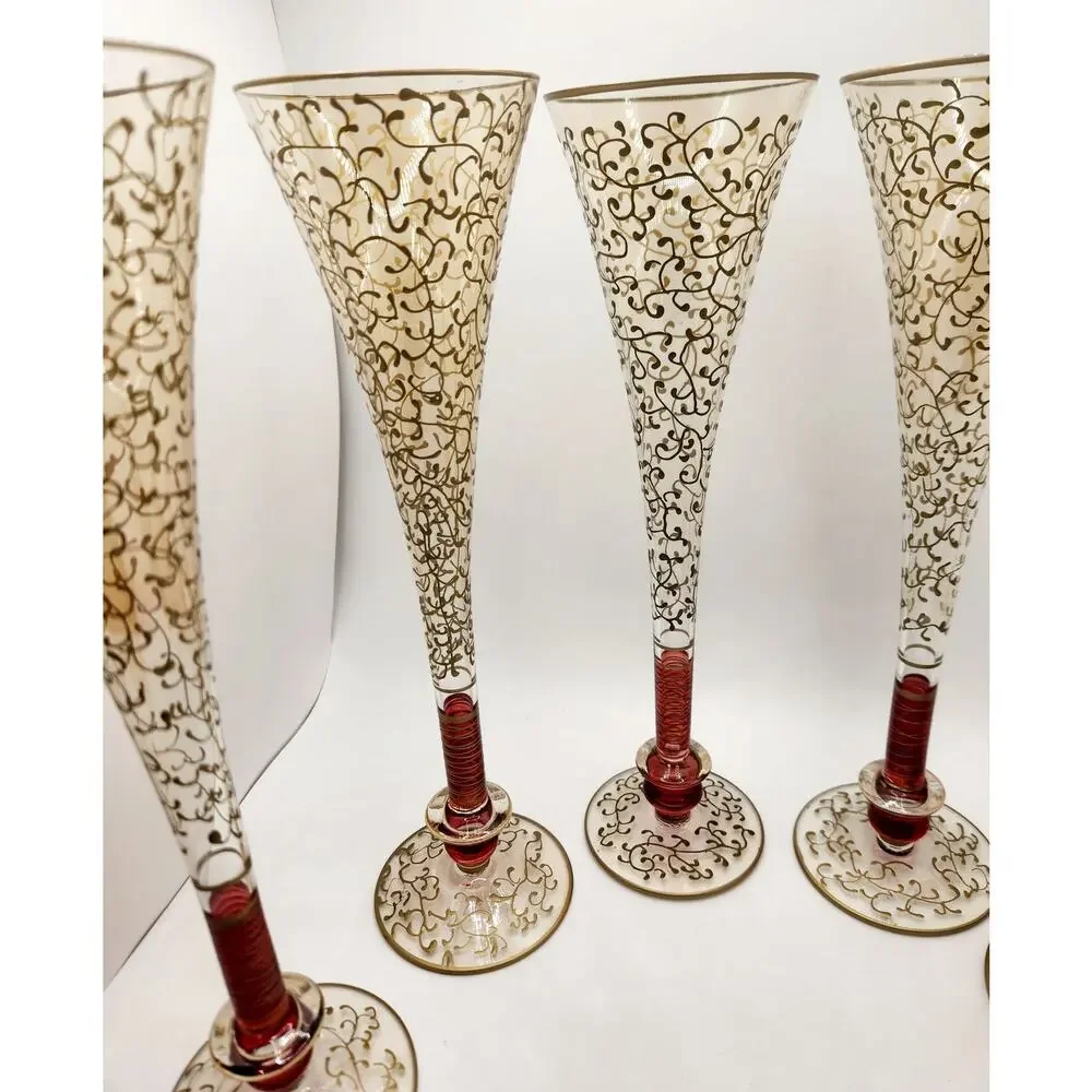 Pier 1 Fluted Champagne Glasses P1C8 Gold Filigree Red Stem Set of 6 Vintage